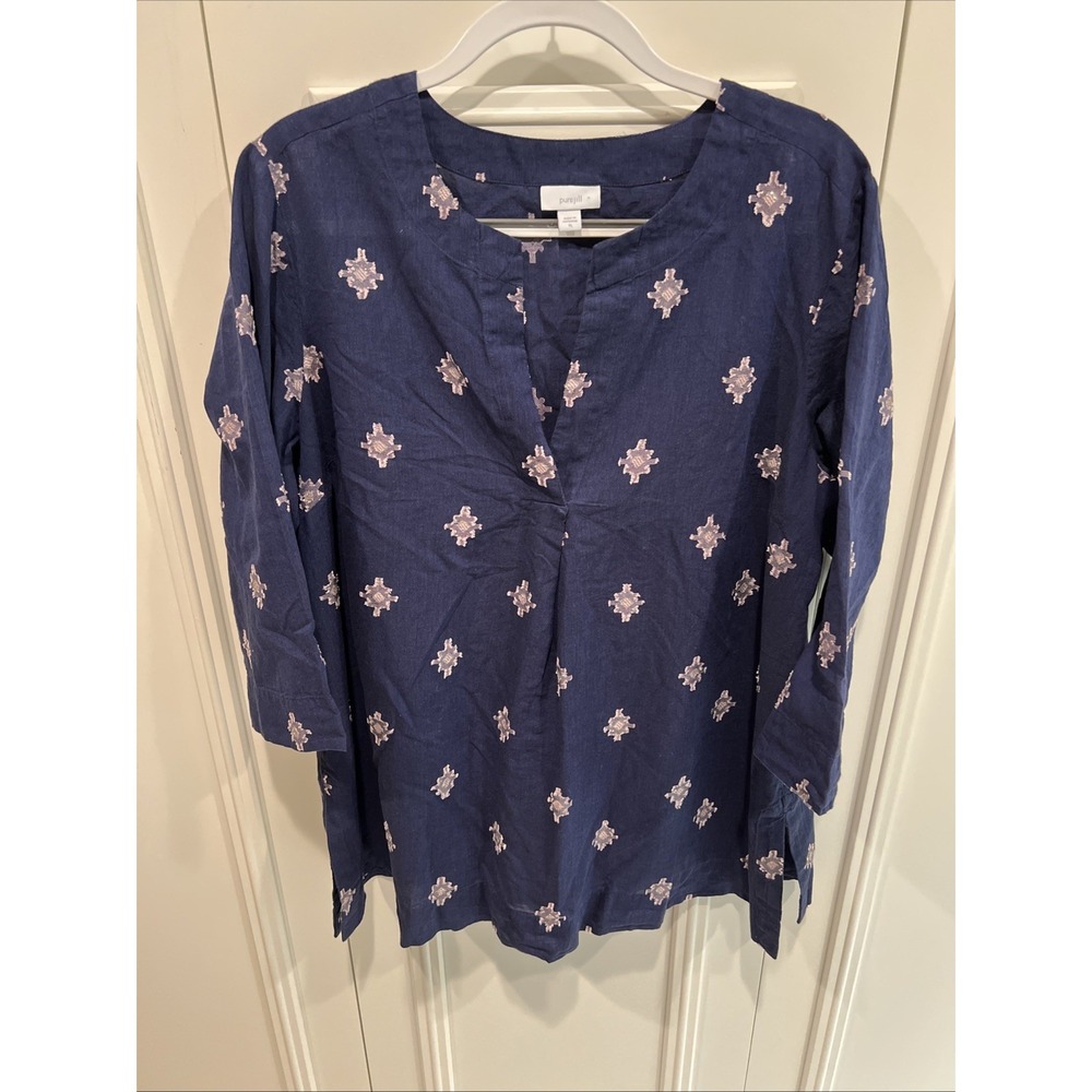 Purejill Navy Embroidered Tunic Southwest Aztec Lightweight Metallic Western